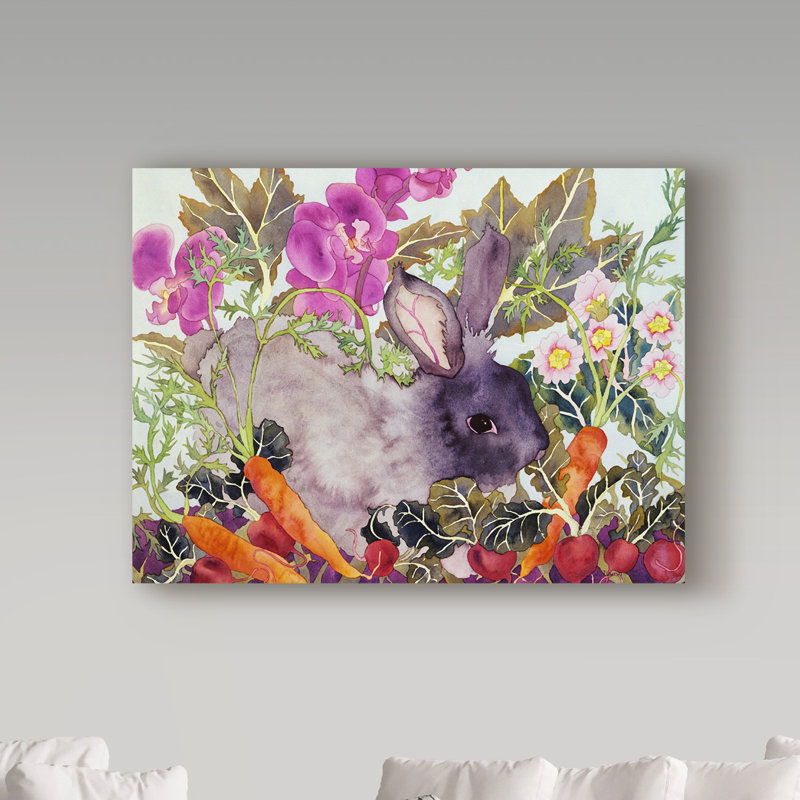 Taryn «Rabbit with Carrots», reproduction de peinture à l'aquarelle sur toile tendue, H 35 po x l 47 po