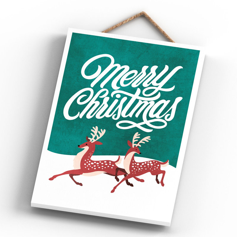Xmas Merry Christmas Reindeer Wooden Plaque, 28.5cm H x 18.5cm W x 0.9cm D