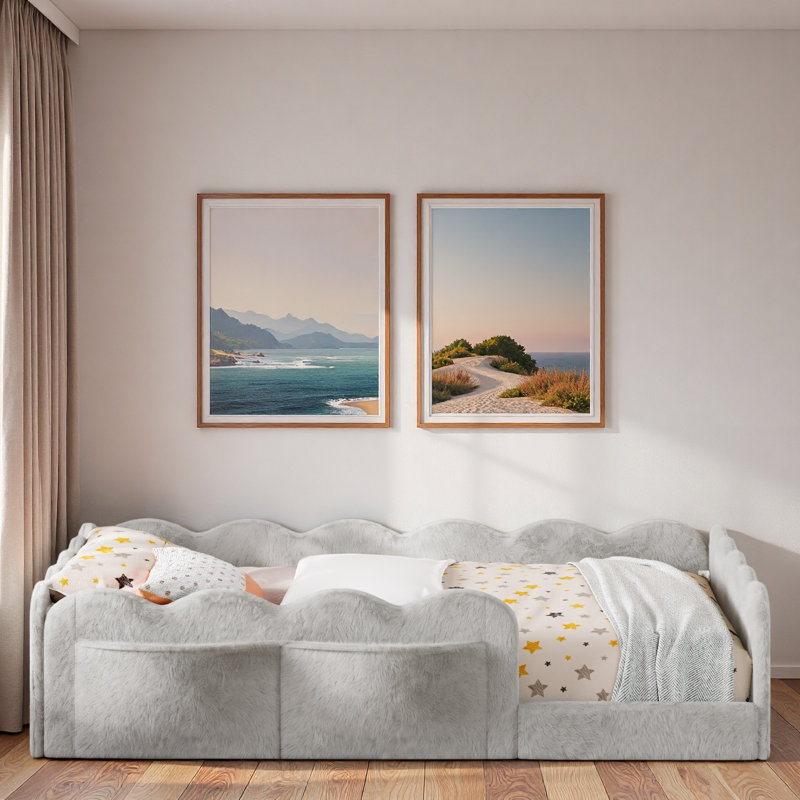 Lit rembourré pour enfants avec garde-corps en forme de vague et poches de rangement latérales, Lit simple, Gris clair