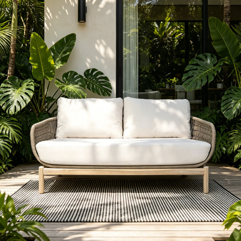 Viola Acacia Wood Rope Weaving Patio Outdoor Loveseat Sofa With Cream Cushions