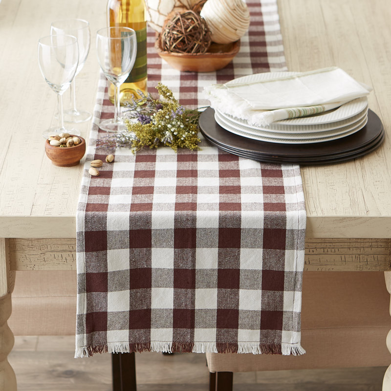 PALE MAUVE HEAVYWEIGHT CHECK FRINGED TABLE RUNNER 14X72, Brown, 108" L x 14" W