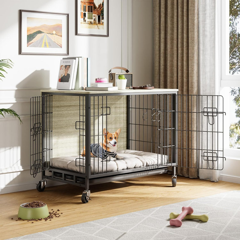 Wooden Dog Crate Furniture End Table with 360° Lockable Wheels, Double Doors, Removable Tray & 3 Hooks, 69×51×60cm, 32KG Top Load Capacity, Pine