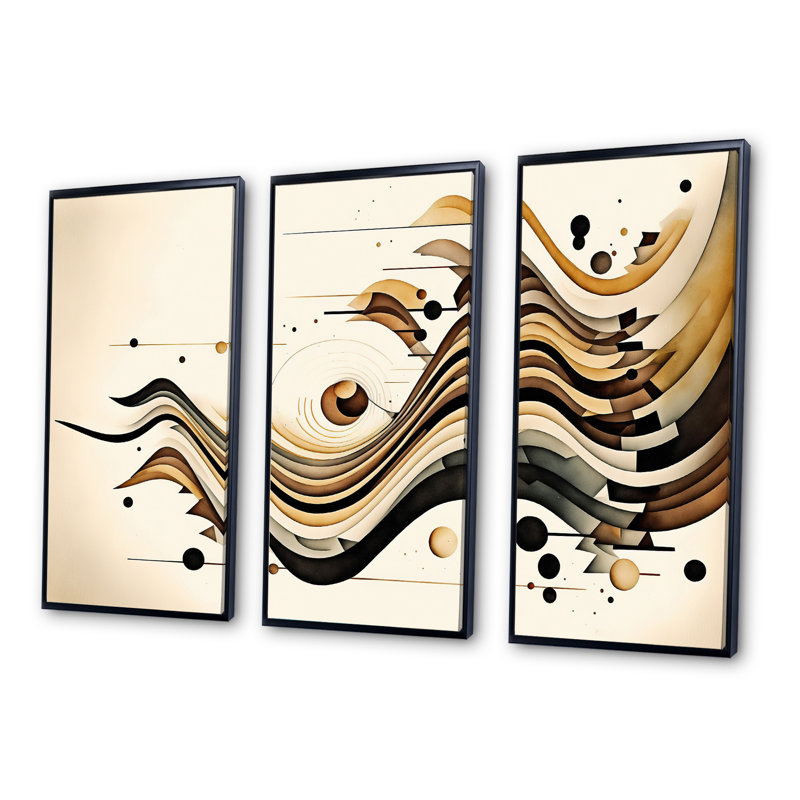 Mouvement brun et noir III - 3 pièces sur toile, Cadre noir, H 28 po x l 36 po x P 1 po