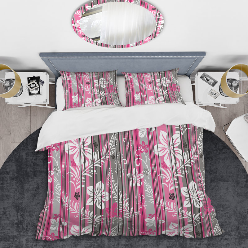 Ensemble de housse de couette à rayures florales roses et grises - Polyester en microfibre