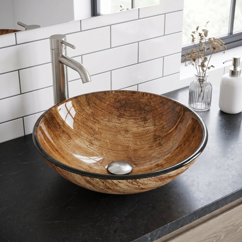 Lavabo de salle de bain vasque ronde en verre L 17 po x l 6 po H Giovanni, En bois