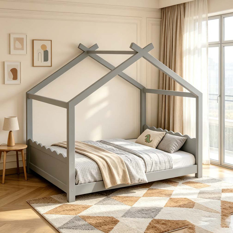 Lit de maison avec lattes de soutien, cadre de lit en bois massif pour enfants, aucun sommier et ouverture, gris, Grand