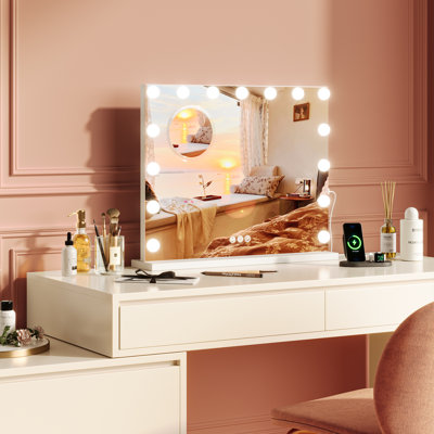 23*18" Square LED Vanity Mirror – 3-Color Dimmable Touch Screen Makeup Mirror with 360° Rotation, Adjustable Brightness, Memory Function, Aluminum Frame, Tabletop Cosmetic Mirror for Bathroom, Bedroom