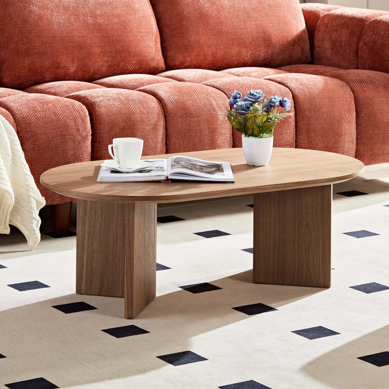 Table basse ovale moderne, plateau en panneau de fibres à densité moyenne et base à piédestal robuste, Walnut