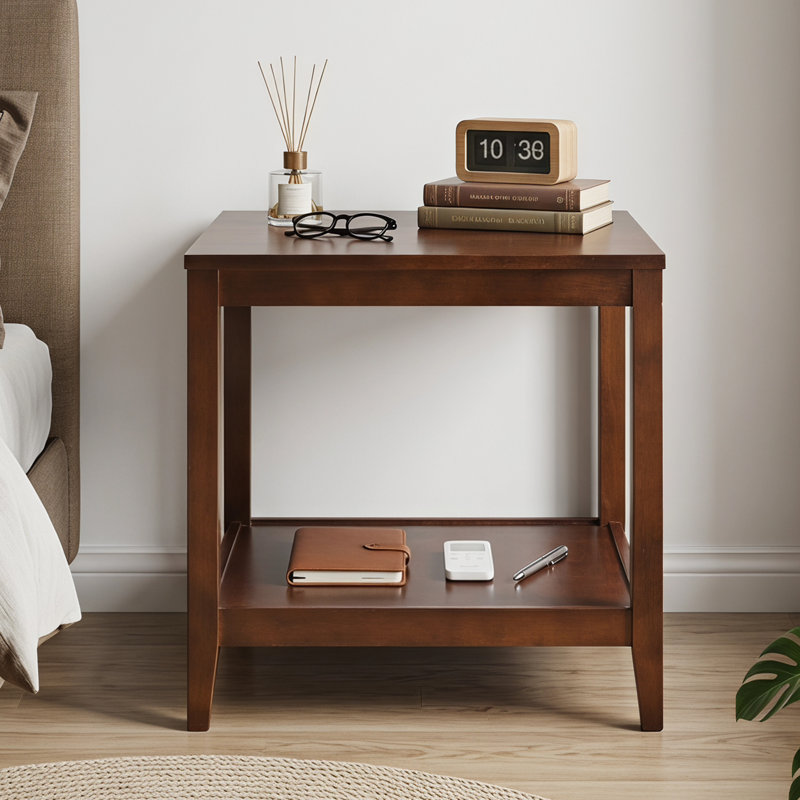 Table de bout carrée en bois massif à 2 niveaux, table d'appoint transitionnelle de style campagnard avec tablette de rangement ouverte, table de chevet en bois brun foncé et table d'appoint pour le salon, la chambre et le bureau