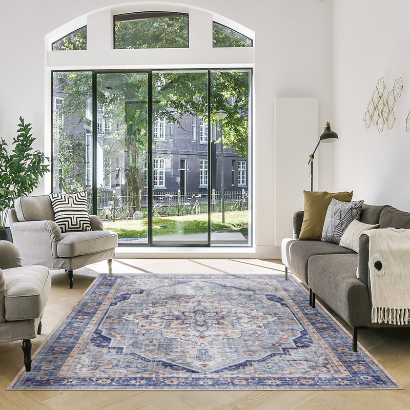 Samira Tiefi Navy Blue Ivory Multi Machine Washable Traditional Medallion Indoor Area Rug, Flat Pile for Living Room & Bedroom - Navy, 8x10