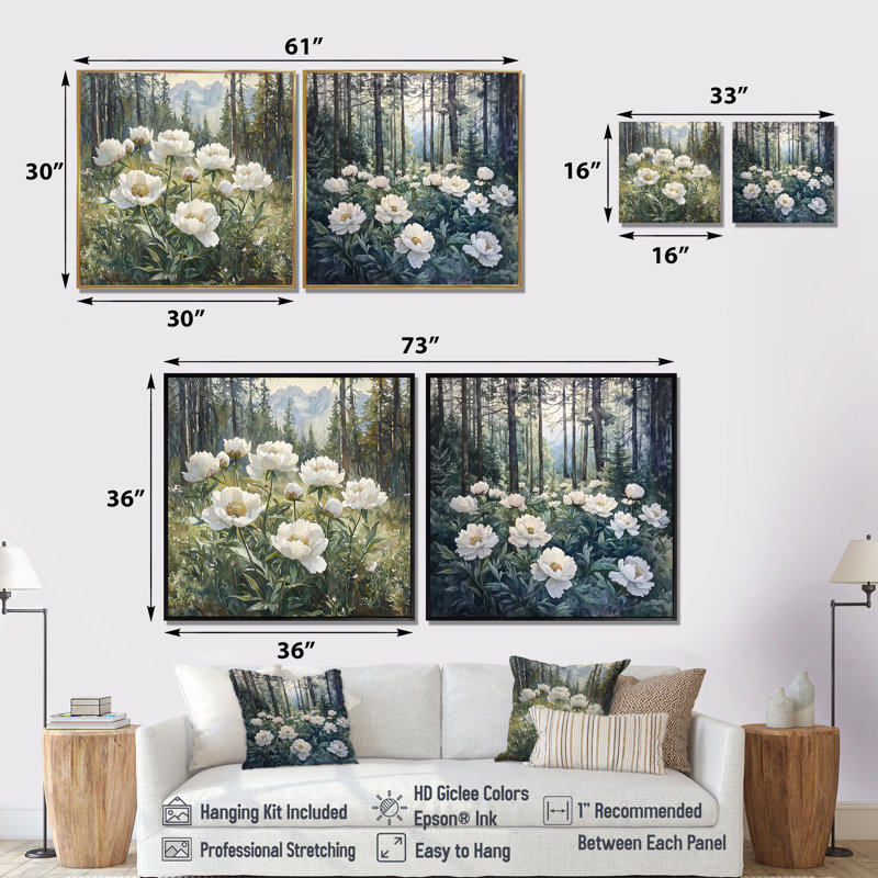 Pivoines dans la forêt alpine I - décoration murale pivoines - art mural traditionnel 2 pièces, Ne s’applique pas