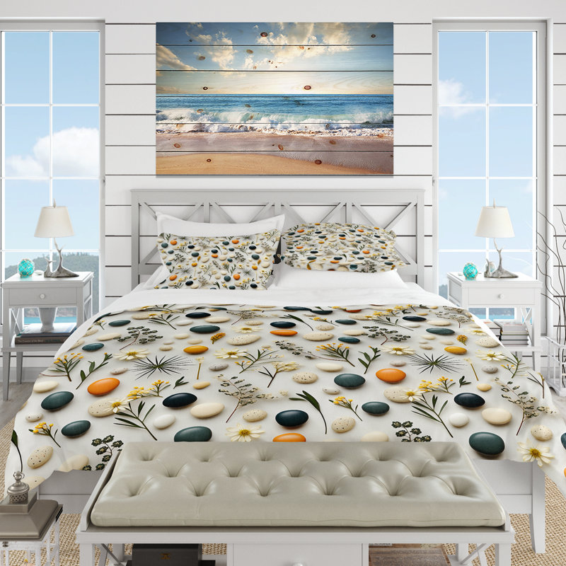 Serene Stones Zen Pattern For Spa I Box Stitch Floral Duvet Cover, King Duvet Cover + 2 King Shams