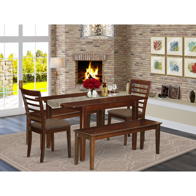 L'ensemble de 5 tables de cuisine pour 4 personnes comprend une table de salle à manger rectangulaire avec rallonge papillon et 4 chaises rembourrées en tissu de lin, 36 x 54 pouces, acajou