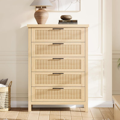 Commode haute cannelée 5 tiroirs pour chambre à coucher, commode de 42,9 po, commode en bois avec armoire de rangement pour vêtements, organisateur de tiroir, meuble télé pour chambre à coucher, salon, couloir