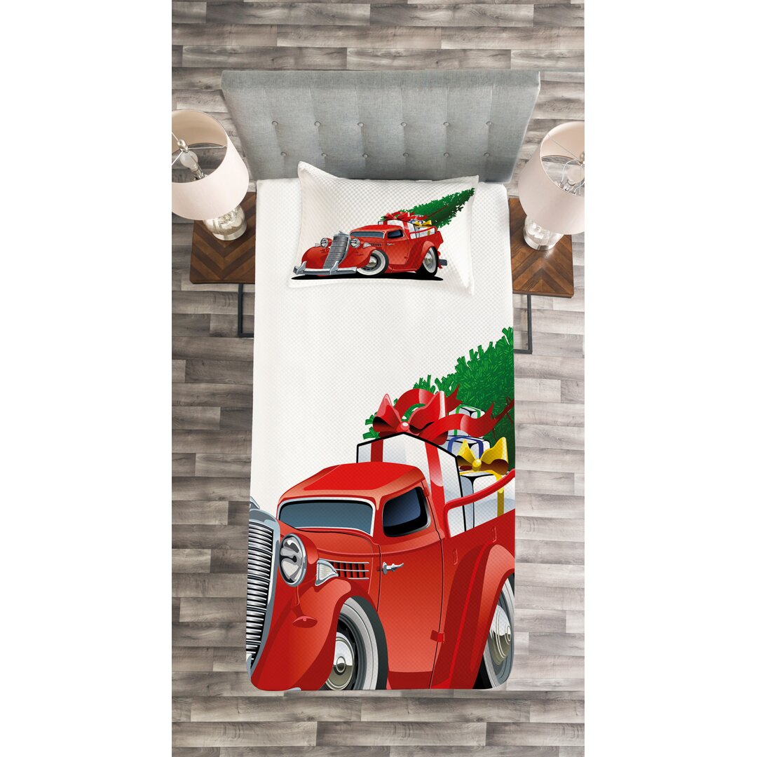 Gestepptes Bettdecken-Set, Red American Truck, Weihnachten, Grün Weiß