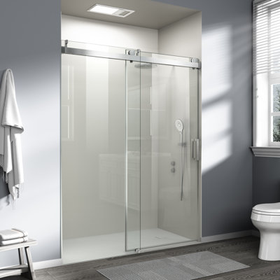 Porte de douche sans cadre de 56 à 60 po x H 76 po en verre trempé coulissant à fermeture douce avec revêtement antidéflagrant, chrome