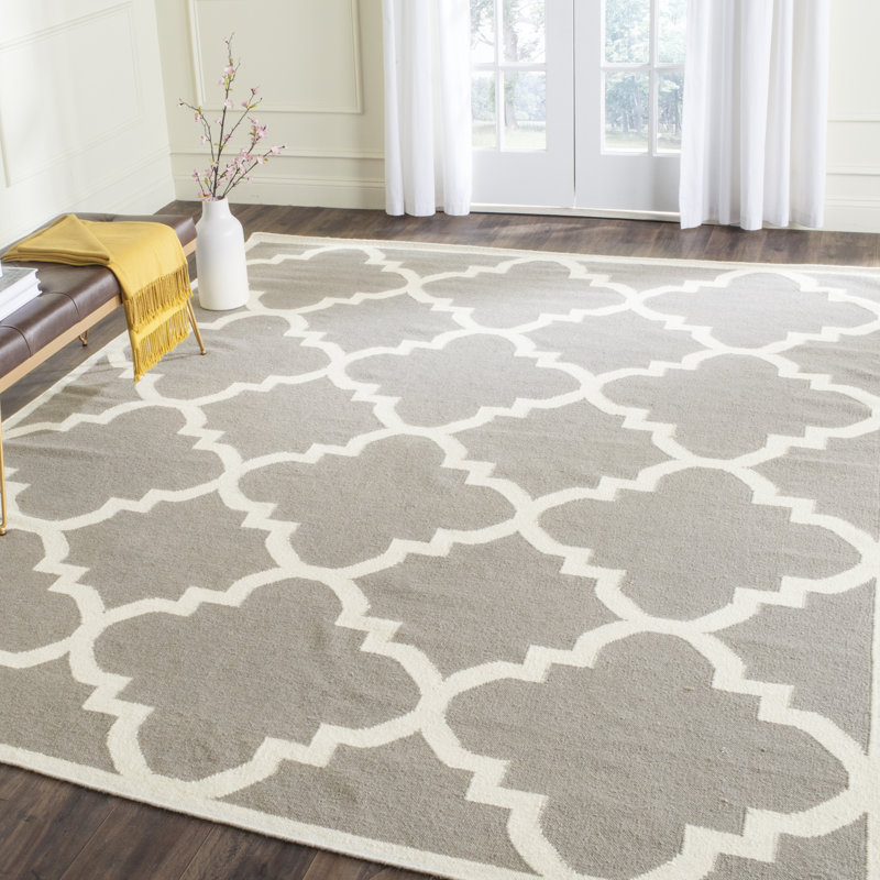 Rodgers Hand Woven Flat Weave Wool/Cotton Geometric Rug in Ivory/Gray, Rectangle 3' x 5'