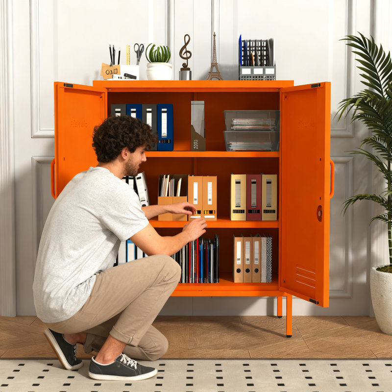 Multipurpose Metal Storage Cabinet with 2 Adjustable Shelves, Heavy Duty & Lockable Storage Organizer Made of Thickened Steel, Easy to Assemble for Home, Living Room