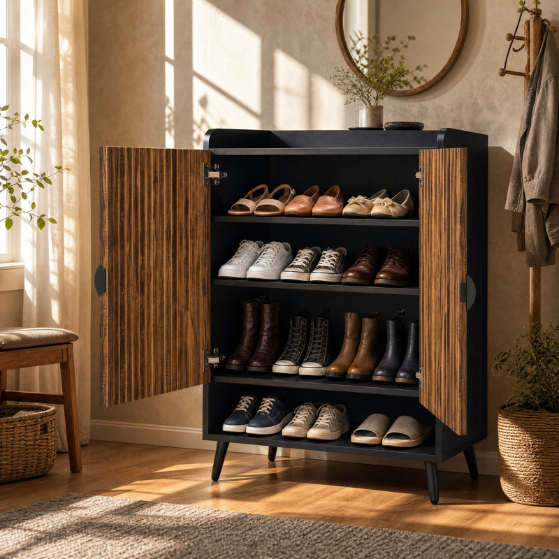 Range-chaussures avec tablettes réglables et portes, Brun rustique / noir