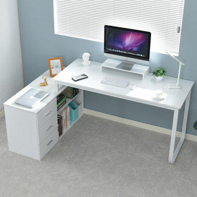 55 Inch Reversible L Shaped Computer Desk with 3 Drawers, Corner Desk with Storage Shelves and Removable Monitor Stand