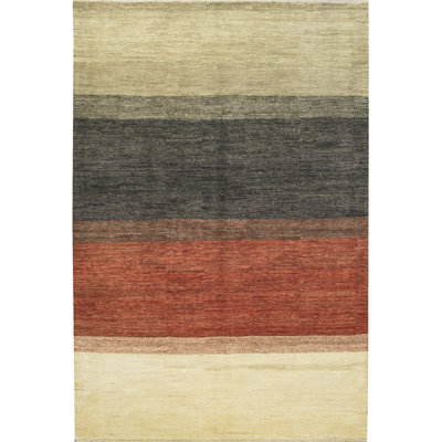 Tapis beige, noir et rouge noué à la main de haute qualité