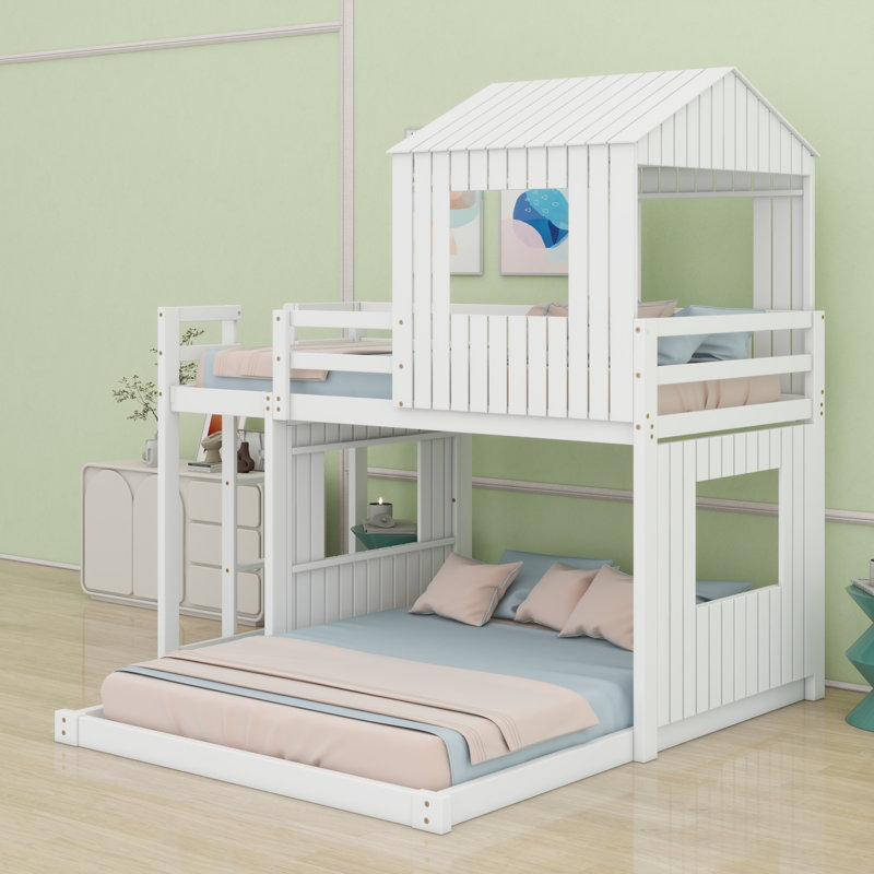 Lit superposé en bois, lit mezzanine avec maisonnette, maison de campagne, échelle et garde-corps, blanc