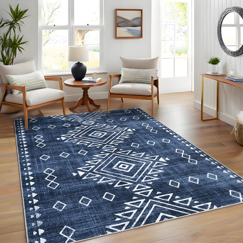 Boho Machine Washable Rug with Rubber Backing for Living Room Non-Slip Dining Room Rug Easy-Cleaning Floor Carpet for Bedroom Office Playroom_OKPHO_338N_Geometric_Blue