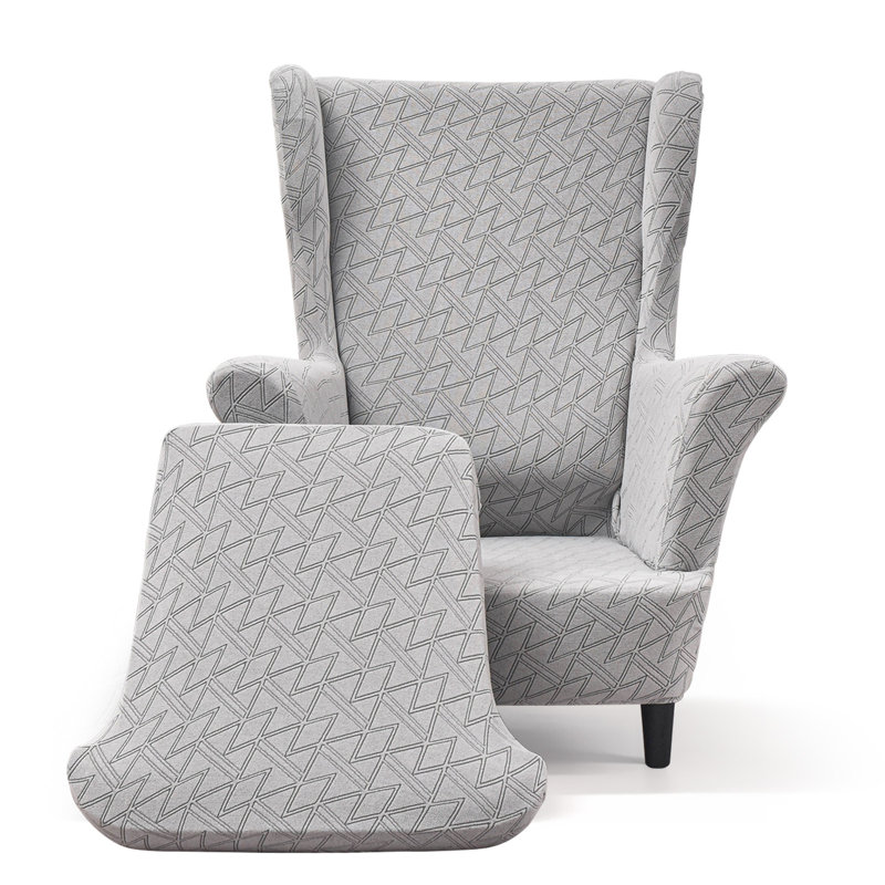 Housse extensible 2 pièces pour fauteuils à oreilles - Housse de canapé en jacquard spandex avec fond élastique, Gris clair