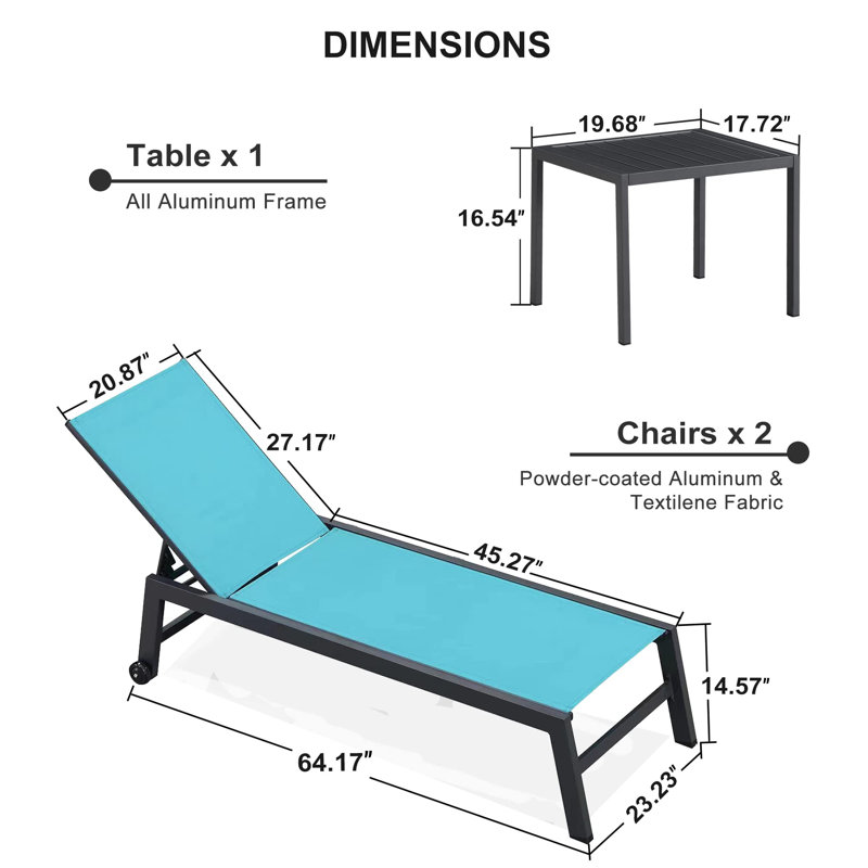 Chaise longue d'extérieur en métal avec table Willbourn, Bleu
