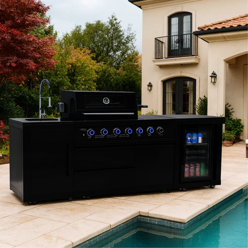 Barbecue au gaz noir à quatre brûleurs, fabrication en acier inoxydable, cuisson polyvalente et entretien facile pour la structure du jardin, contrôle précis de la chaleur, compatibilité avec la cuisine extérieure