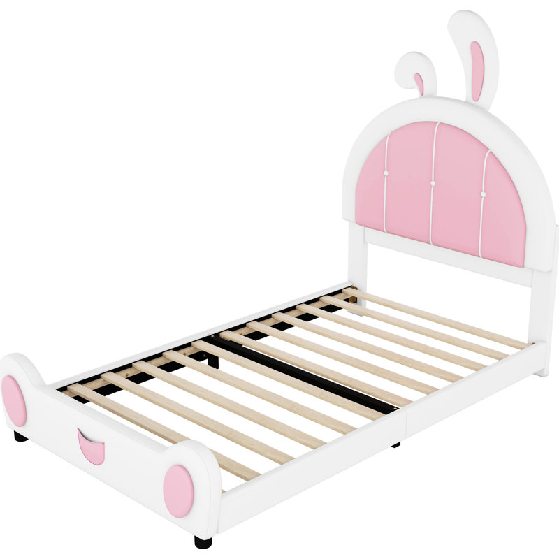 Lit plateforme simple avec tête de lit en forme de lapin - revêtement coloré facile à assembler blanc et rose