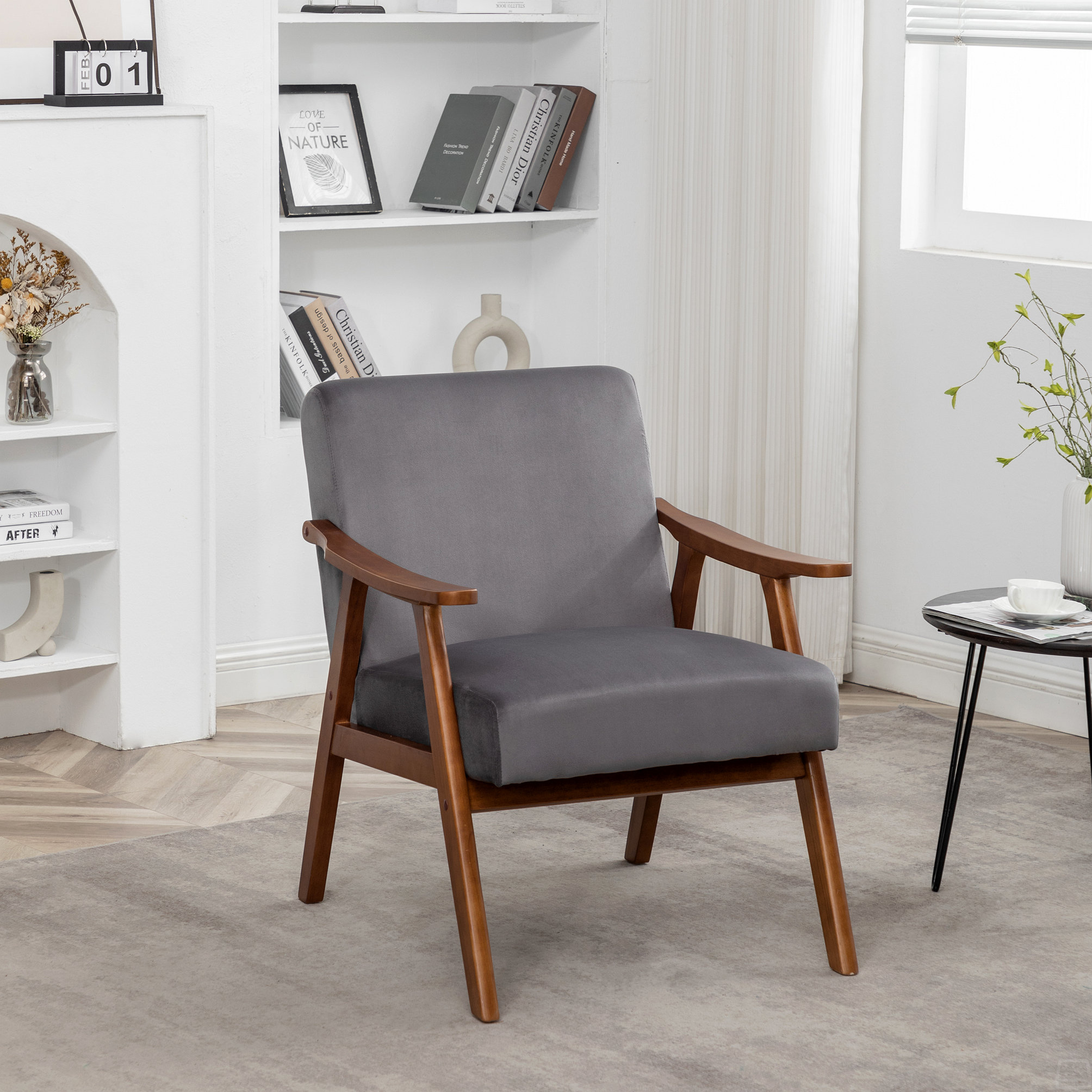 Ebern Designs Accent Chair With Velvet Upholstery And Solid Wood Frame ...