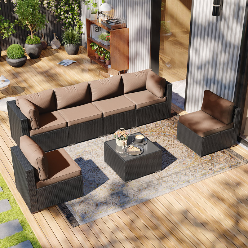 Ensemble de meubles de patio 8 pièces avec foyer au gaz propane, Beige, Noir