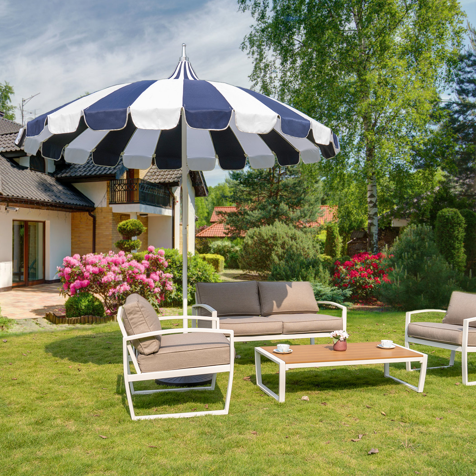 Arlmont & Co. 8Ft Pagoda Outdoor Umbrella In Blue | Wayfair