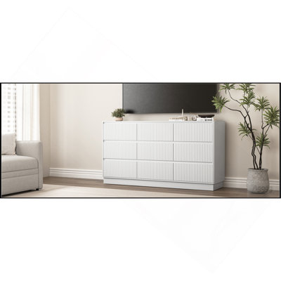 Commode 9 tiroirs pour chambre à coucher avec grands tiroirs, commode en bois, grande commode de plancher, long meuble télé moderne, table d'appoint avec rangement Mid-Century, blanc
