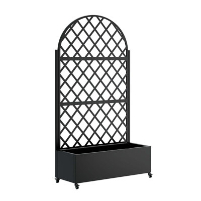 Round Metal Planter Box with Trellis, Elevated Garden Bed with Drainage, Lockable Wheels, Privacy Screen, and Support for Climbing Plants and Vegetables.