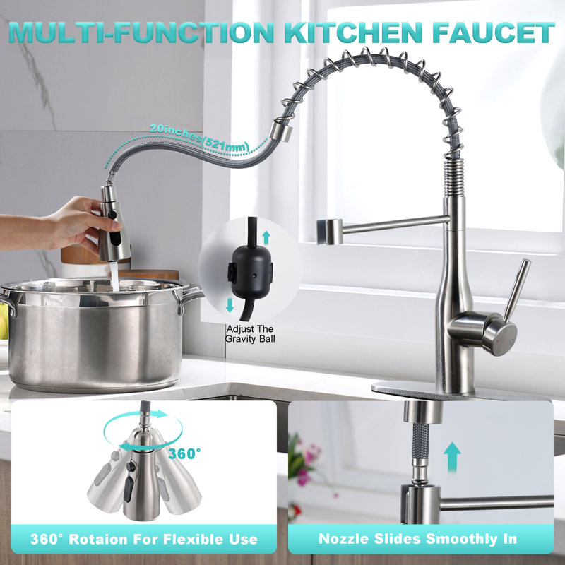 Single Handle Spring Neck Pull-Down Kitchen Faucet with 3-Function Sprayer, 360° Swivel Spout, and Deck Plate, Brushed Nickel