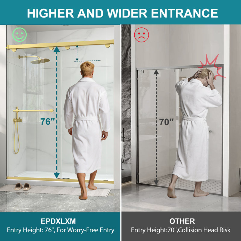 49"-54" W x 76" H Double Sliding Framed Shower Door in Brushed Gold with 5/16" Clear Tempered Glass, Soft Close Cushion