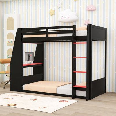 Wooden Bunk Bed With USB Port, Shelves, Desk And Light Strip