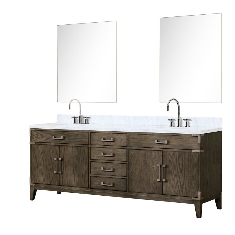 84 po Meuble-lavabo double large en chêne gris avec surface en marbre, robinet et 36 miroirs, protection à long terme en largeur avec comptoir, traitement durable