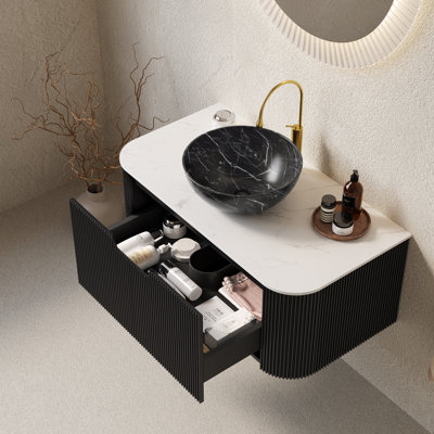 Meuble-lavabo moderne de qualité supérieure avec rangement, lavabo en céramique durable et plateau en pierre frittée