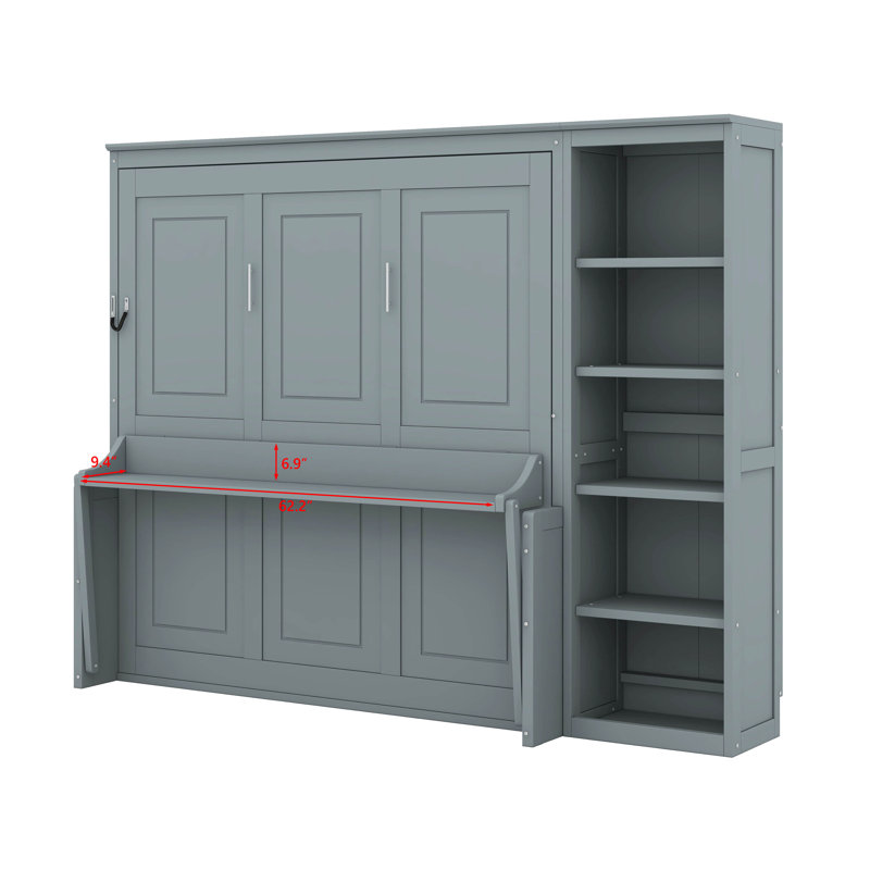 Lit escamotable double avec bibliothèque de bureau, Gris