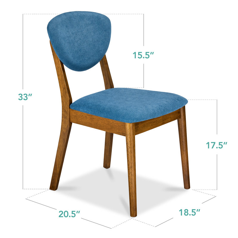 2-Piece Mid-Century Modern Wood & Upholstered Dining Chair Set, Blue, Walnut