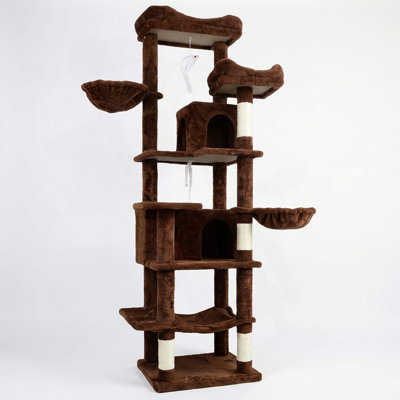 Arbre à chat 68 po de haut à plusieurs niveaux avec hamacs, panier suspendu, grotte pour chat, coussin amovible, poteaux à griffer - tour de chat en peluche pour chats d'intérieur, parfait pour plusieurs chats bruns