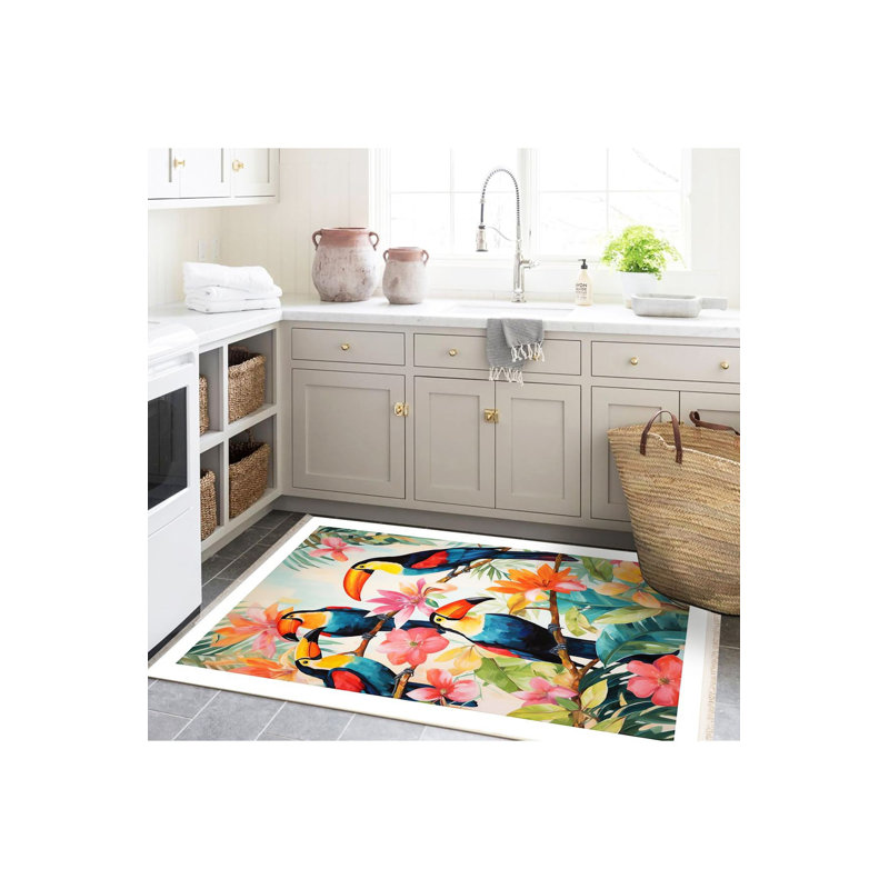 Tapis décoratif lavable à la machine à motif tropical de fleurs tropicales et de perroquets