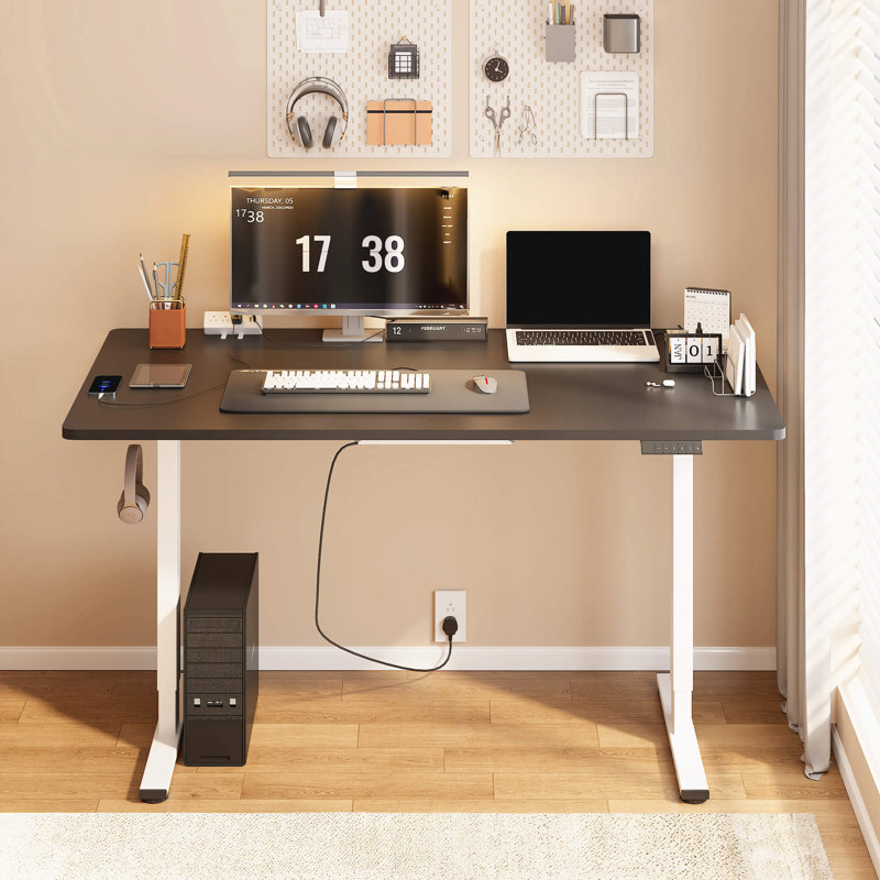 Adjustable Standing Desk, Whole-Piece Desktop, Black/White, 55" W x 28" D