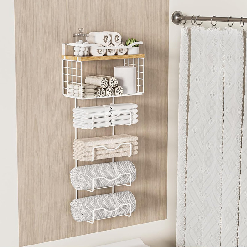 Porte-serviettes mural à 6 niveaux avec tablettes flottantes: idéal pour les serviettes de bain et les serviettes à main roulées ou pliées (métal et bois)