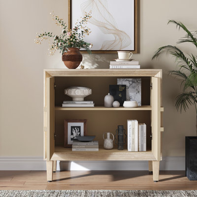 Buffet à crédence modulaire 31,5 "Mid-Century naturel antique, petite armoire avec portes symétriques Sunburst, armoire d'appoint avec tablettes réglables pour la salle à manger, le vestibule et le couloir