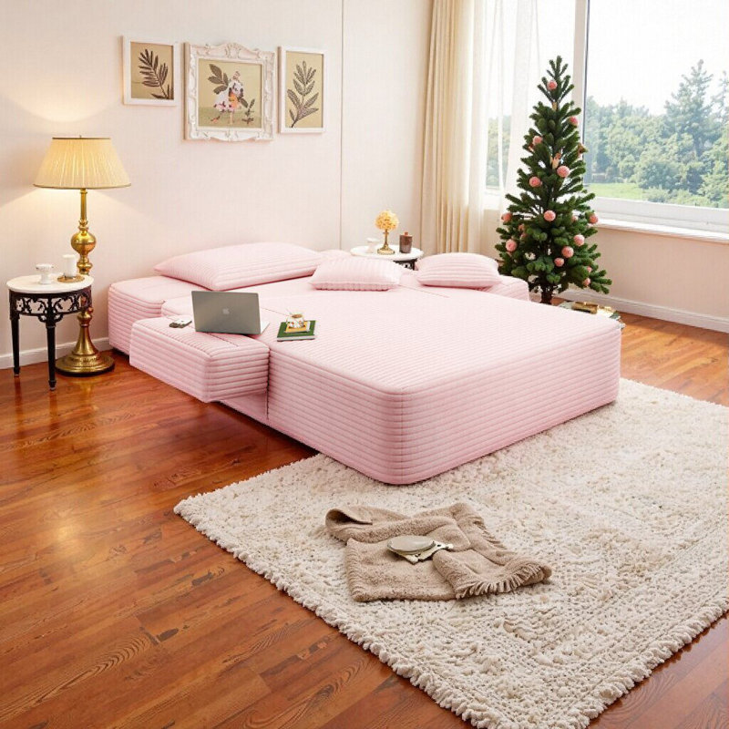 Méridienne convertible en velours côtelé moelleux avec pochette de rangement et coussins, Baby Pink, 1