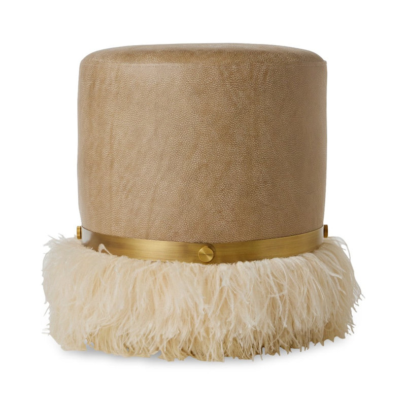 Leather Ostrich Fluff Pouf, Taupe/Cream